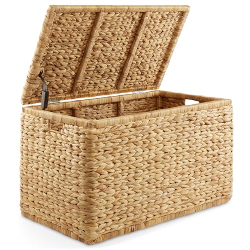 30-Inch Wicker Storage Chest with Lid, Safety Hinge, and Cut-Out Handles