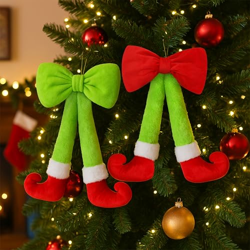 Plush Elf Legs Christmas Wreath Decoration with Red Bow - 15.7" Holiday Decor