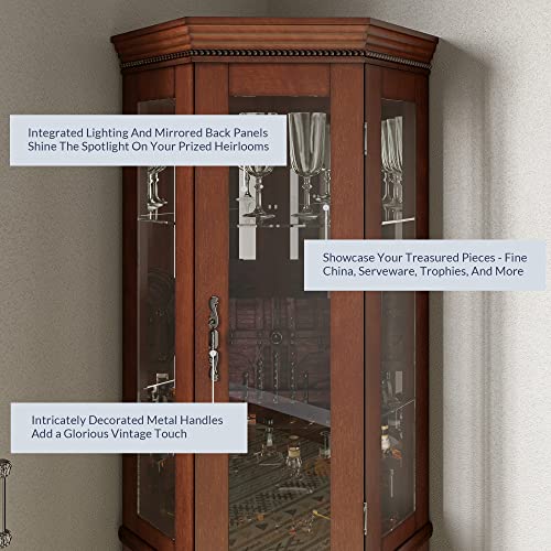 Wooden Corner Curio Cabinet with Lighted Display Shelves & Glass Door