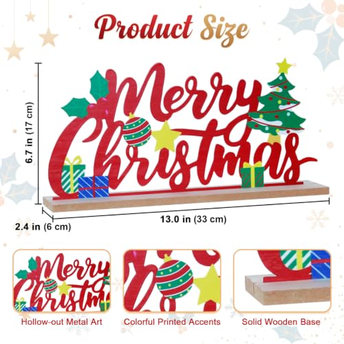Merry Christmas Indoor Metal Sign with Wooden Base - Farmhouse Rustic Holiday Decor
