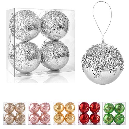 4-Inch Silver Shatterproof Christmas Ball Ornaments - 4 Pack Large Tree Baubles