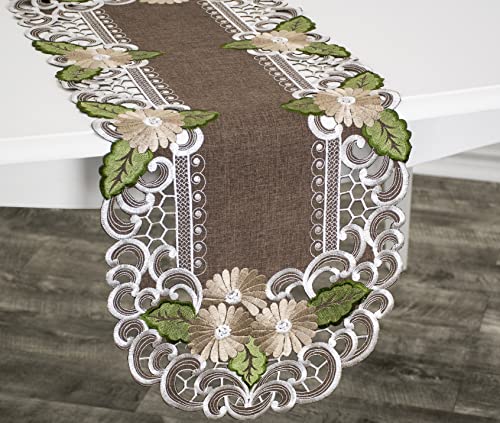 Gold Daisy Embroidered Table Runner 14x44 Inches Brown Floral Doily