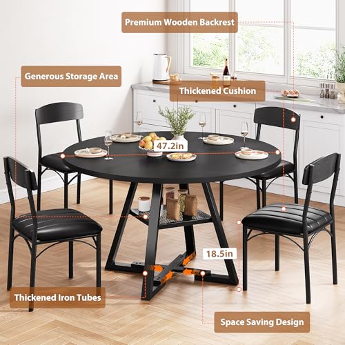 5-Piece Round Dining Table Set for 4 with Storage Shelf, 42-Inch Black