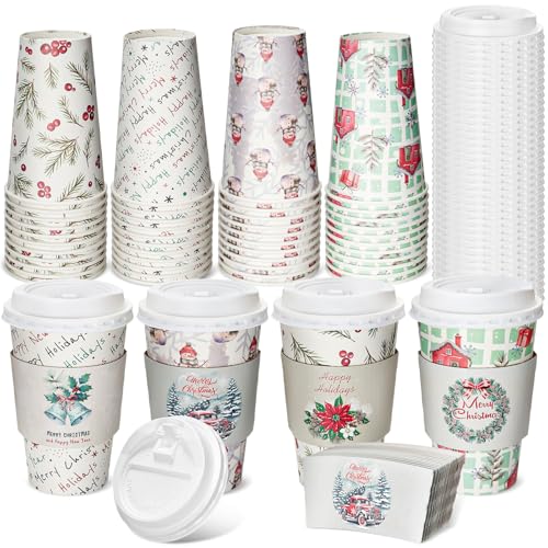 Jingmore 48-Pack 16oz Christmas Coffee Cups with Lids & Sleeves - 4 Festive Designs, Rustic Christmas