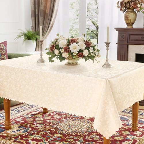 Waterproof Heavy Duty Vinyl Tablecloth, 60x84 Inch Floral Table Cover (Beige)