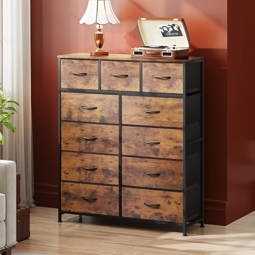 Tall Fabric Dresser with 11 Drawers and Wood Top, Rustic Brown Storage Chest