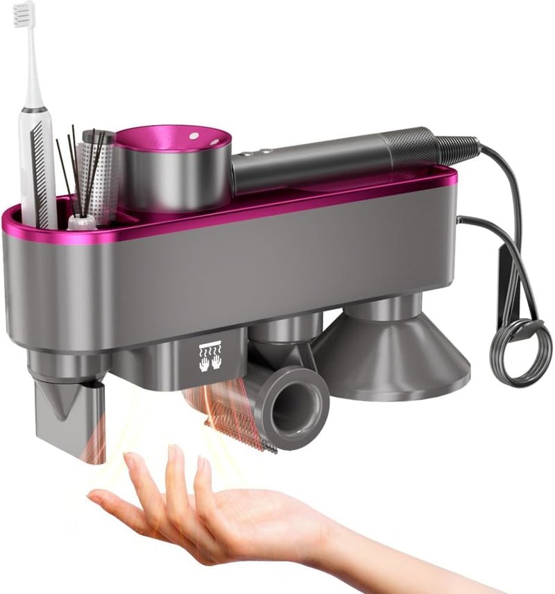 WAVANCKY Hair Dryer Holder Compatible for Dyson Supersonic and Attachments, Magnetic Nozzle Storage, Automalic Hand Drying No Drilling Required, Blow Dryer Stand for Dyson (Pink-Red)
