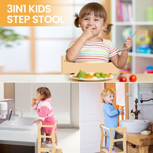 3-in-1 Foldable Toddler Kitchen Helper Stool with Chalkboard & Safety Rail