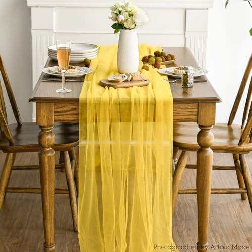 Yellow Gauze Table Runner 120 Inch Long, Sheer Polyester Dining Table Decor