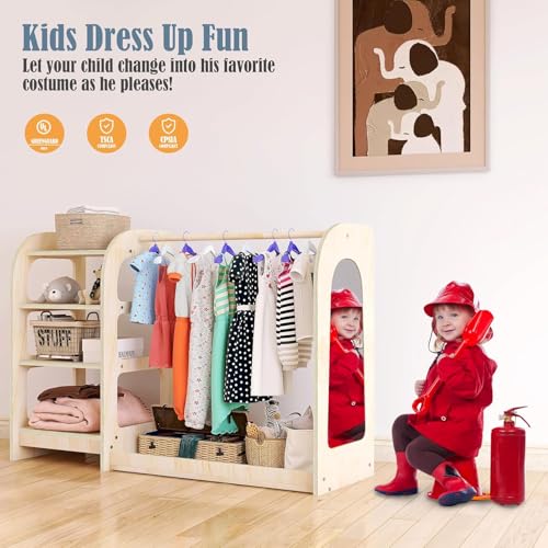 Kids Dress Up Storage Wardrobe with Mirror and Shelves - Wooden Kids Closet Organizer