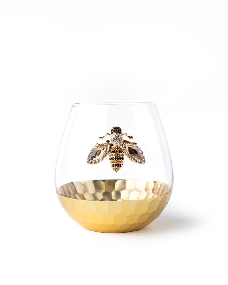 Modern Outlet Home Decor Honey Bee Stemless Wine Glasses - Set of 2 Luxury Crystal Glassware with Jeweled Honey Bee - Unique Wine Lover Gifts for Women - Tumbler for Cocktails, Red, or White Drinks