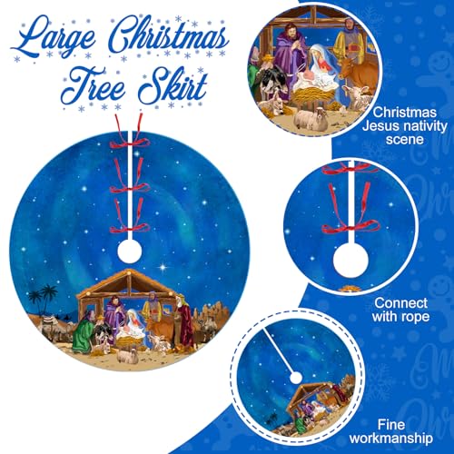 48 Inch Blue Christmas Tree Skirt with Nativity Scene - Christain Holiday Decor