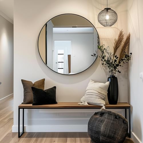 24-Inch Round Wall Mirror with Matte Black Metal Frame for Bathroom