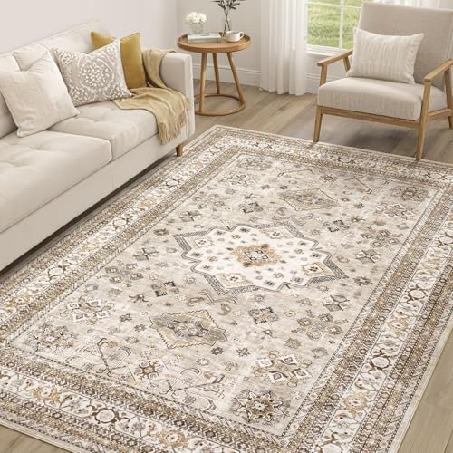 5x7 Washable Area Rug, Traditional Oriental Distressed Beige Carpet