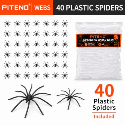Piteno Stretchable Halloween Spider Webs with 40 Fake Spiders - 1200 Sq Ft White Cobwebs for Indoor and Outdoor Yard Decor
