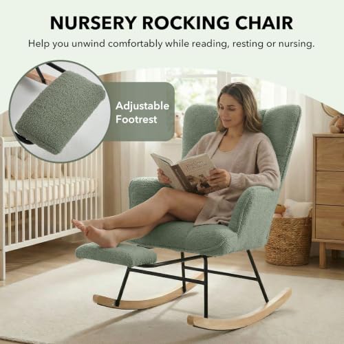 Teddy Fleece Nursery Glider Rocker with Adjustable Footrest and Side Pocket