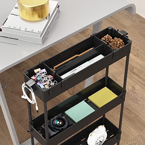 Slim Storage Cart 4-Tier Rolling Utility Organizer for Narrow Spaces, Black