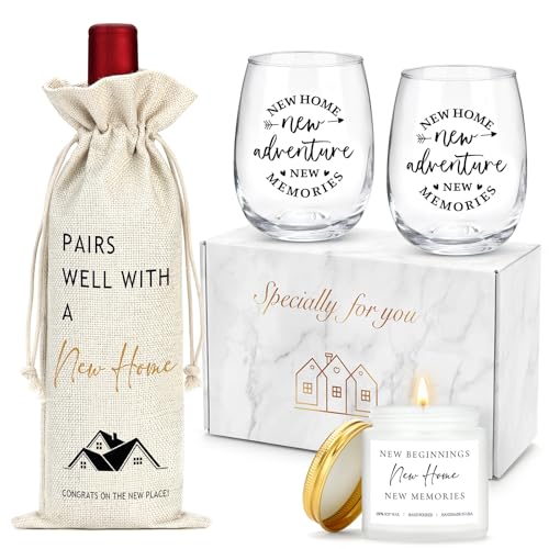New Home Gift Basket with Wine Glasses and Scented Candle