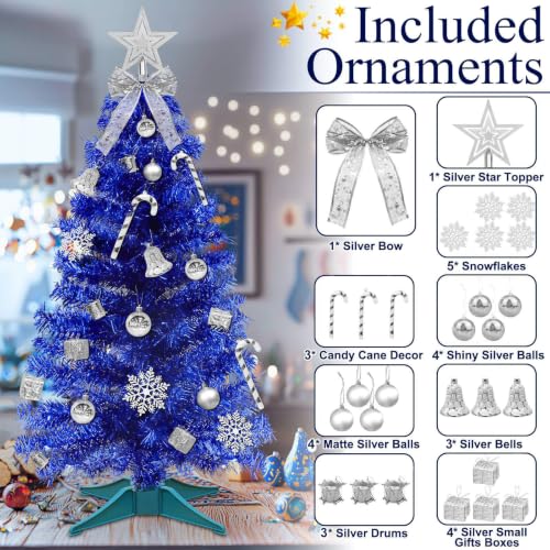Blue 3Ft Christmas Tree with Ornaments & Warm White Lights - Hanukkah Decor with Timer