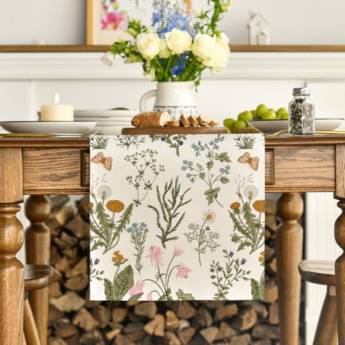 Artoid Mode 13x90 Inch Wildflowers Floral Spring Table Runner Beige Home Decor