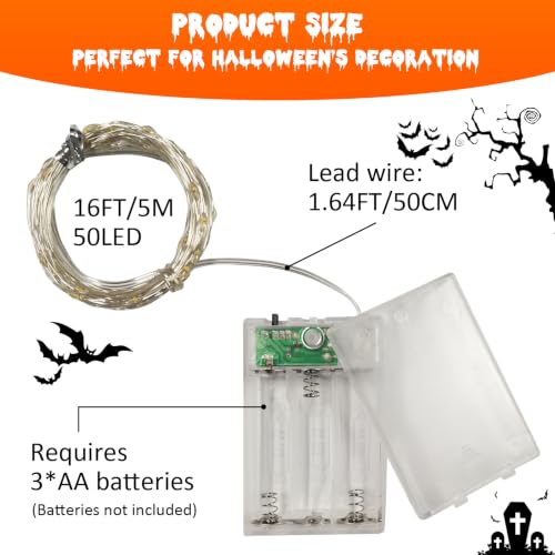 QITONG 6-Pack Orange Battery-Operated Fairy Lights 16ft 50 LEDs Silver Wire - Waterproof Outdoor Christmas String Lights (Indoor/Outdoor)