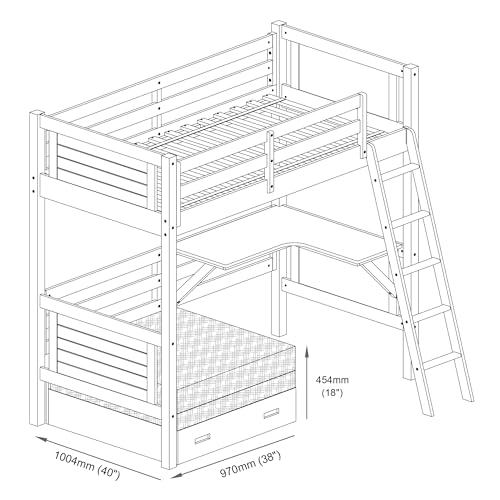 Twin Size Loft Bed with Built-in Desk and Fold-Out Futon, White
