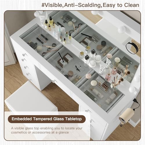 Vanity Desk with Mirror, 12 LED Lights, 11 Drawers, and Charging Station