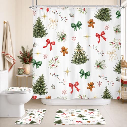 Lightinhome Christmas Tree Shower Curtain Set 4Pcs with Bath Mat, Rug, U-Shape Cushion 72x72in