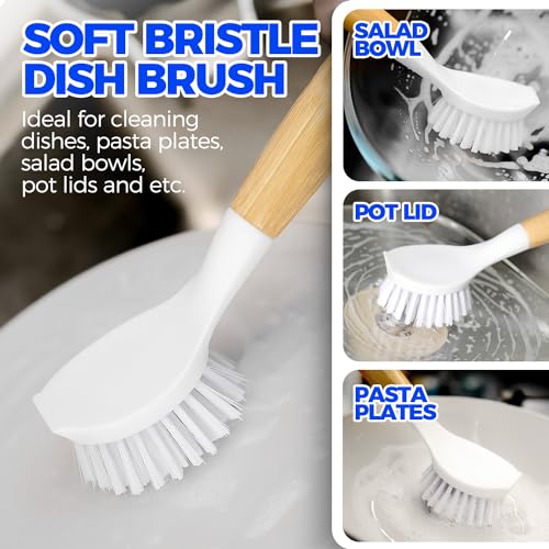 3-Pack Bamboo Handle Kitchen Dish Brushes for Pots, Pans & Veggies