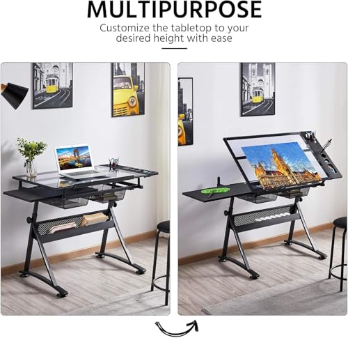 Height Adjustable Drafting Table with Stool and Tilting Glass Top