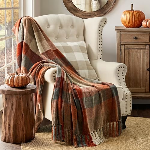 EverGrace Harvest Plaid Throw Blanket with Tassels - 50"x60" Soft Knit Throw