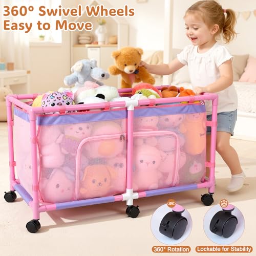 Large Rolling Toy Storage Bin with Mesh Sides and Rotating Wheels
