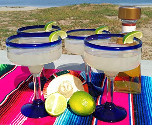 Set of 4 Mexican Hand Blown Margarita Glasses - Cobalt Blue Rim, 14 oz