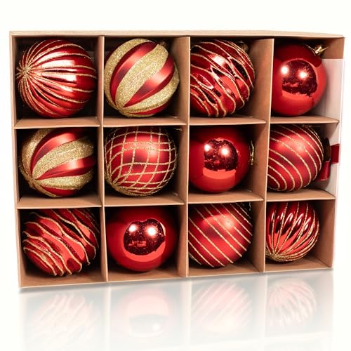 12PCS Red & Gold Christmas Ornaments - Large Shatterproof Hand-Painted Holiday Decorations