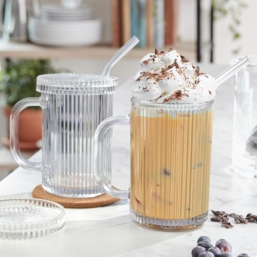 Joeyan Clear Ribbed 13oz Glass Tumbler with Lid, Straw & Handle – 2-Pack, Dishwasher Safe (Variation: Clear Ribbed Glass Tumbler)