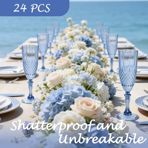 Blue Plastic Champagne Flutes Set of 24 - Reusable Disposable Wine Glasses