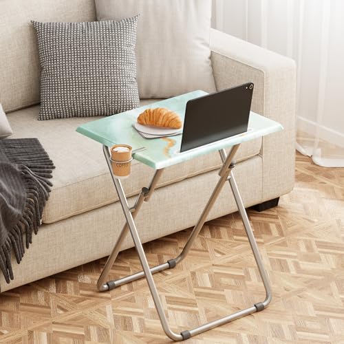 Folding TV Tray Table Set of 2 with Phone Slot, Sea Blue Marble, 25.6-inch