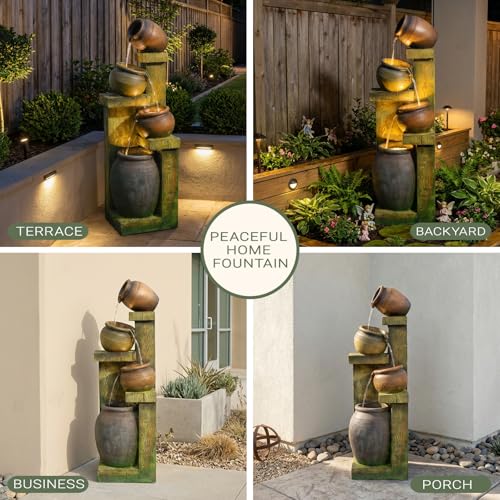 36-Inch 4-Tier Modern Stone-Look Water Fountain with LED Lights for Garden