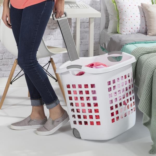 1.75 Bushel Wheeled Laundry Basket with Retractable Handle, White