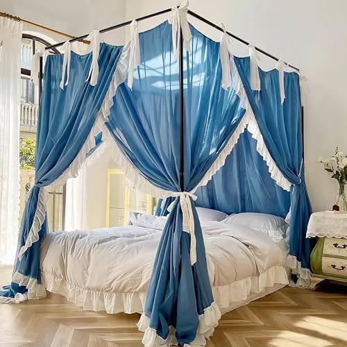 Full Size Stainless Steel Canopy Bed Frame - Black Metal Bed Post Poles