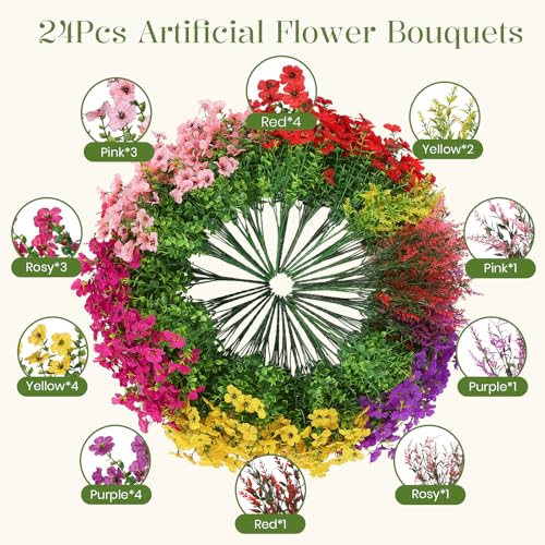24 Bundles UV Resistant Outdoor Artificial Flowers - Faux Silk Violet & Lavender