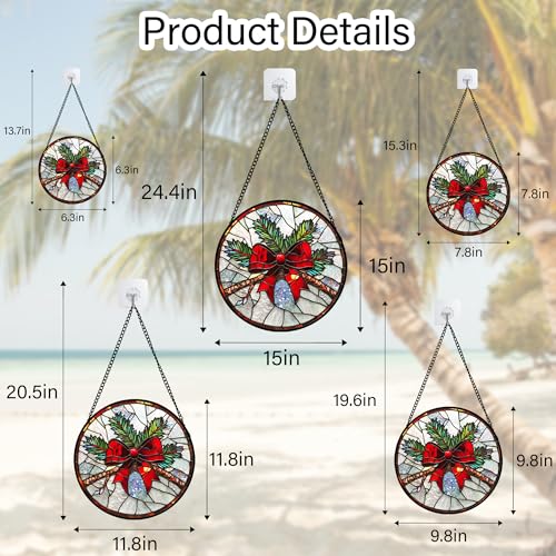 DASTOLL Christmas Pine Bow Stained Glass Window Suncatcher 7.8" Red & Green