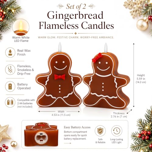 2 Pcs Christmas Gingerbread Flameless Candles Real Wax Holiday Decor