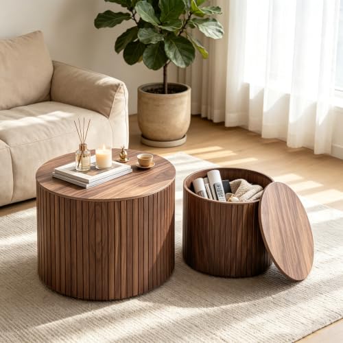 Round Nesting Coffee Table Set with Hidden Storage, Fluted Wood Accent Tables