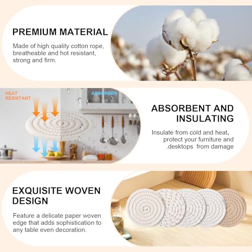 OIAHOMY 10 Pcs Boho Cotton Woven Drink Coasters with Metal Holder - Mixed Yellow, 4.3 Inch