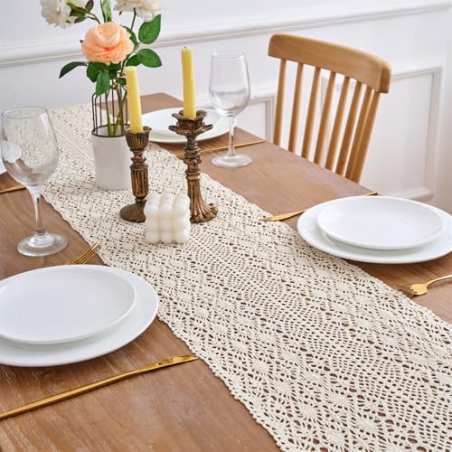 60 Inch Beige Boho Crochet Table Runner - 12"W x 60"L Beige Rhomb, Cotton Lace