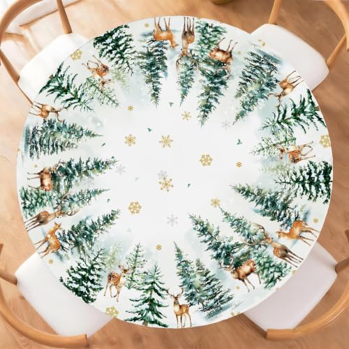 Miffrank Christmas Round Fitted Tablecloth 40-44in with Elastic Edge – Waterproof Snow Reindeer Xmas Tree Pattern