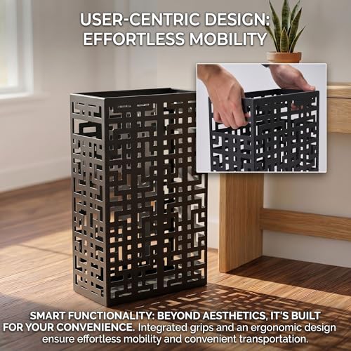 Metal Umbrella Stand for Entryway - Modern Hollow Storage Bin, Black