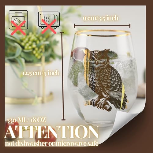 Onebttl 18oz Stemless Owl Wine Glass with Gold Details - Perfect Gift for Owl Lovers