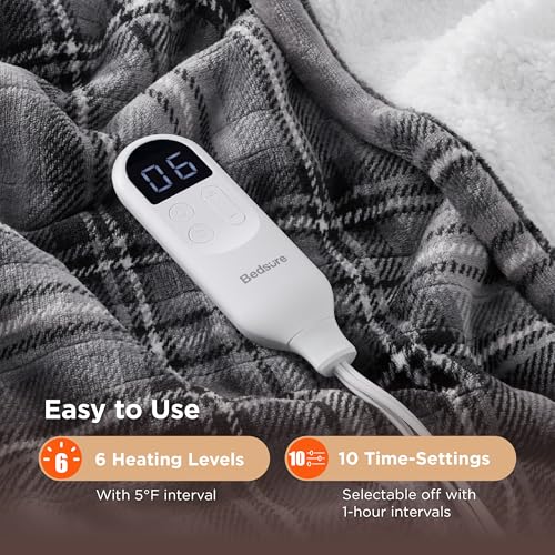 Grey Plaid Electric Heated Blanket, Twin Size Flannel Sherpa Throw